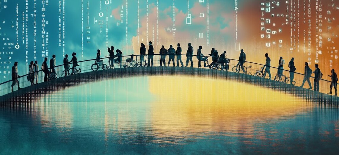 conceptual image of diverse people crossing a bridge over a digital lake representing web accessibility