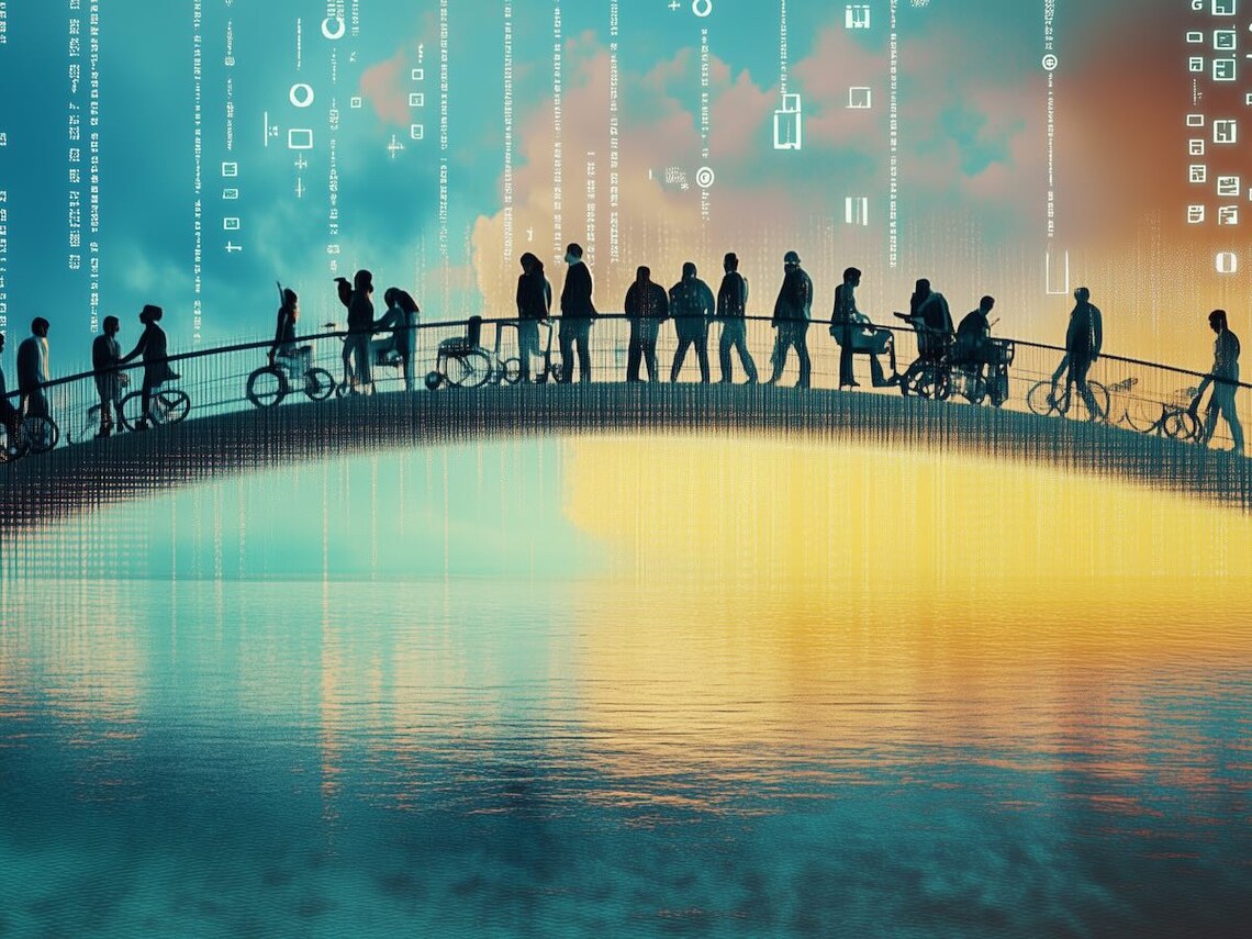 conceptual image of diverse people crossing a bridge over a digital lake representing website accessibility