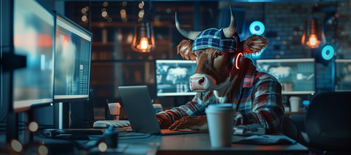 AI image of a cow web designer at a desk building websites in Vermont