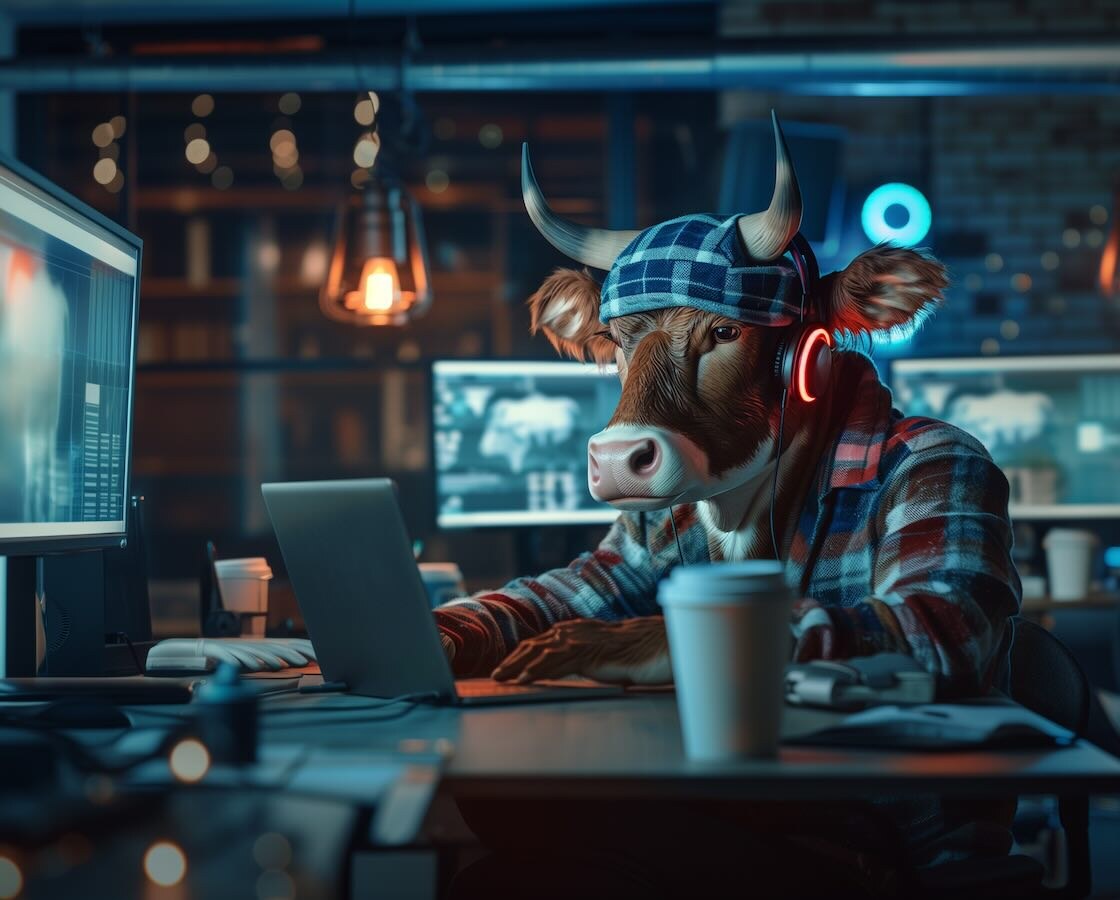 AI image of a cow web designer at a desk building websites in Vermont