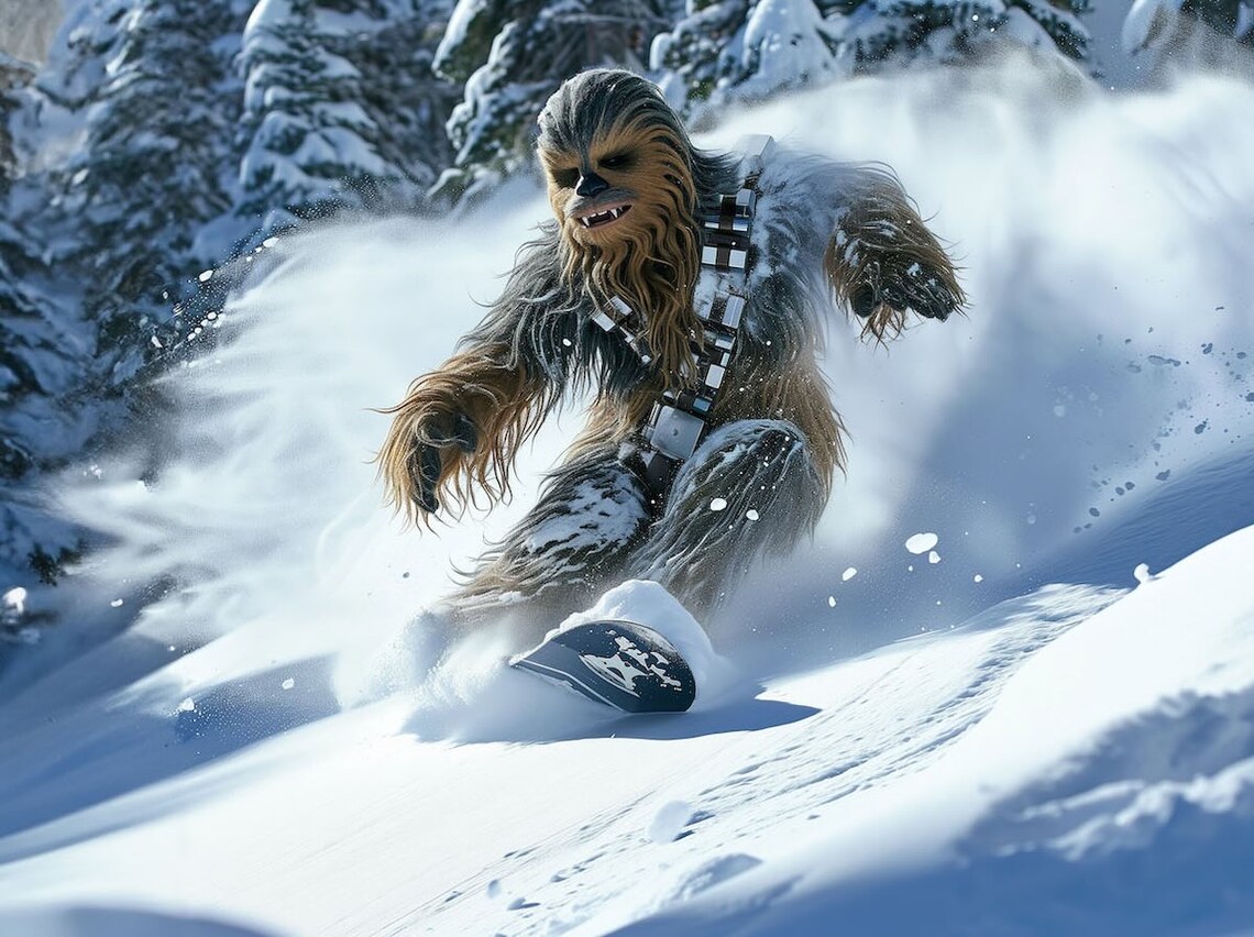 AI generated Wookie snowboarding fast