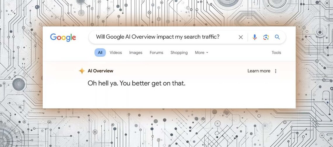 cut out of google SERP with "Will Google AI Overview impact my search traffic?" in search bar, and "Oh hell ya. You better get on that" in the AIO response.