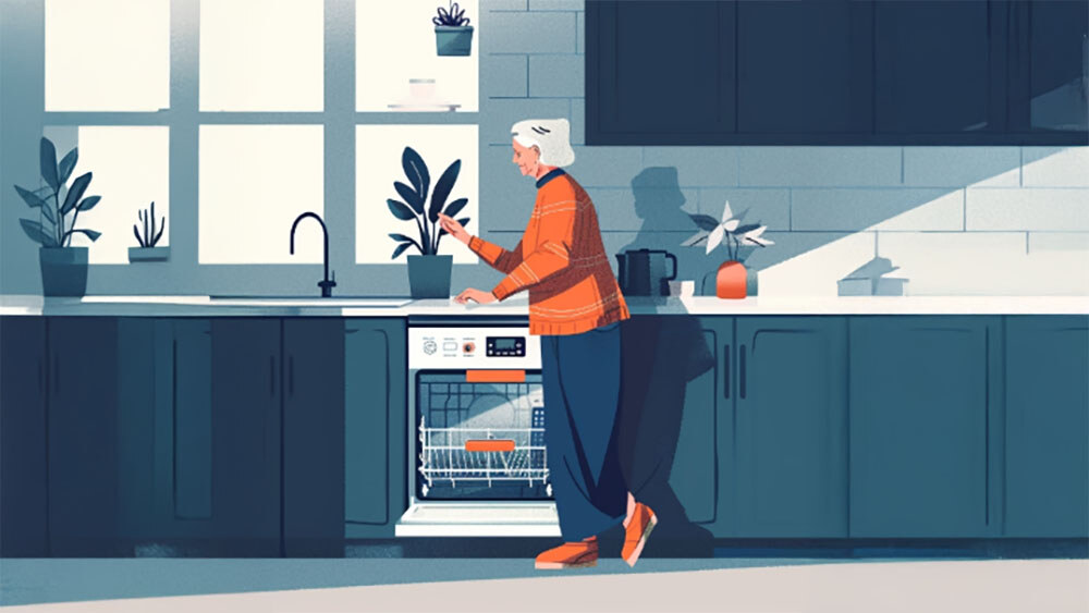 AI illustration of a woman loading a dishwasher